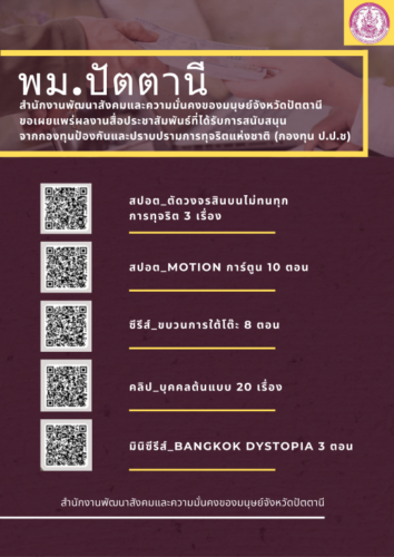 สำนักงานพัฒนาสังคมและความมั่นคงของมนุษญ์จังหวัดปัตตานี ขอเผยแพร่ประชาสัมพันธ์สื่อรณรงค์ในการป้องกันการทุจริต